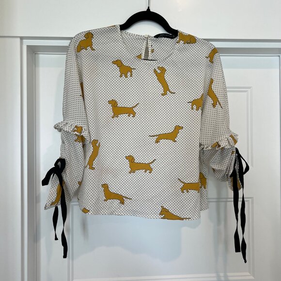 Zara Women Mustard Dachshund Dog Print Polka Dot Blouse – XS - Picture 2 of 8